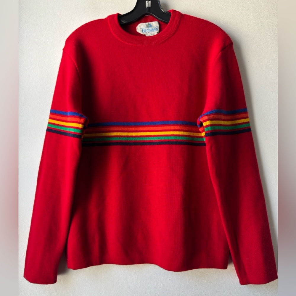 Vintage Herman’s Wool Red Sweater with Multicolor Stripes